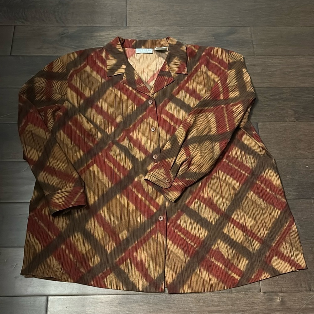 Oversized womens button down blouse, brown, red, copper tones size 24W- vintage